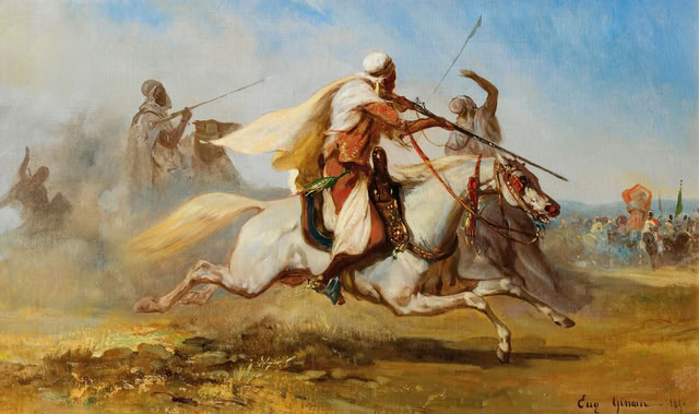 The image Fantasia By Louis Eugène Ginain, displaying a fantasia performance (a Mahgreb performance during cultural events). Although it's not a hunt per say, this image looks very much like it, where an arab horse  rider is holding a musket.