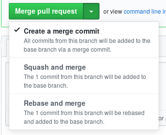 Image of GitHub's merge options: Merge, squash and rebase