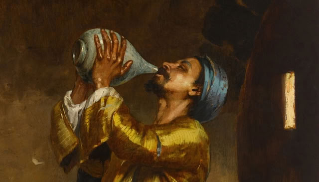 The image A Refreshing Drink by Rudolf Ernst, displaying an arab man quenching his thirst from a jug.