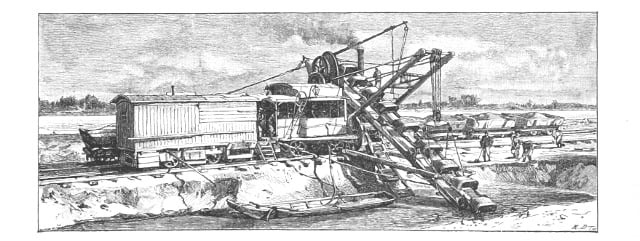 Illustration of an excavator machine on rails with a conveyor belt from the 1880s